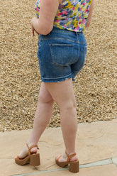 RISEN Maya Full Size Mid Rise Asymmetrical Shorts OutfitFlow